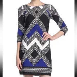 Vince Camuto Black, White & Blue Geometric Chevron Shift Dress